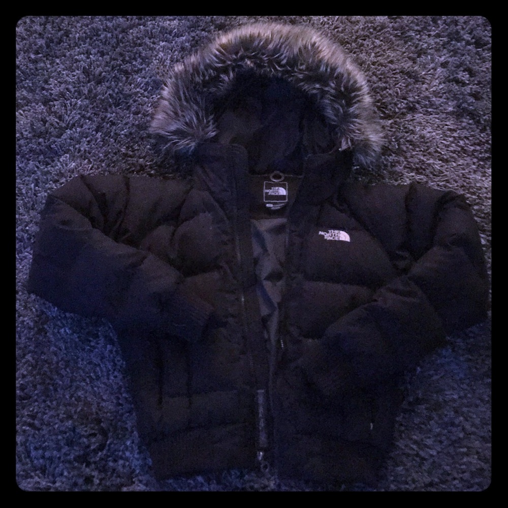 The North Face black cropped puffer down coat